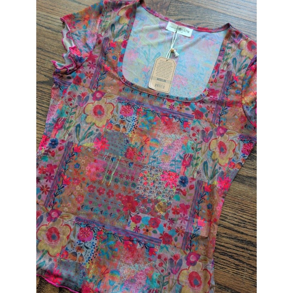 NWT Natural Life Carina Mesh Floral Colorful Sheer Short Slv Square Neck Top M